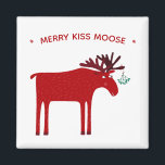 Funny Moose Holiday Magnet<br><div class="desc">Merry Kiss Moose funny red and white Christmas holiday design featuring a whimsical moose or elk with a bunch of mistletoe tied to his antler, hoping for a cheeky kiss. Perfect for animal lovers, whether it is for the winter holidays or Christmas in July. Change or remove the message to...</div>