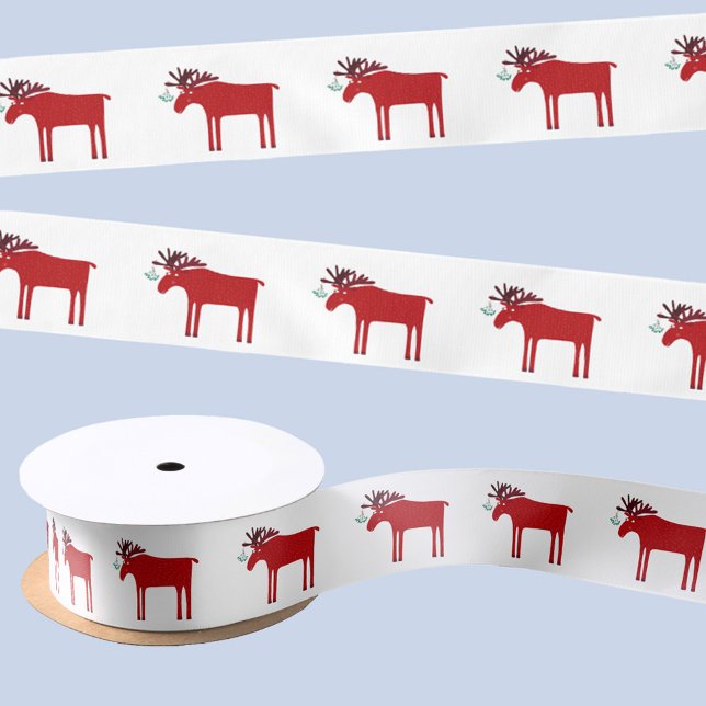 Funny Moose Holiday Red and White Satin Ribbon (Fun moose or elk holiday satin ribbon)