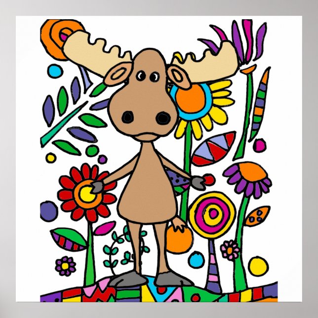 Funny Moose in Flower Garden Art Abstract Poster (Front)