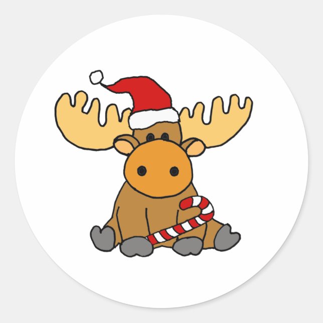 Funny Moose in Santa hat Christmas Cartoon Classic Round Sticker (Front)