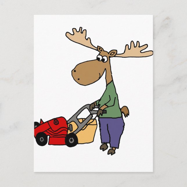 Funny Moose Mowing Lawn Cartoon Postcard (Front)