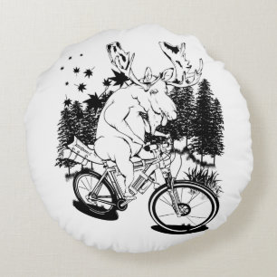 Funny moose on a bike packing bicycle round cushion