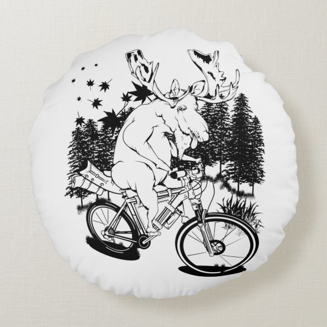Funny moose on a bike packing bicycle round cushion (Back)