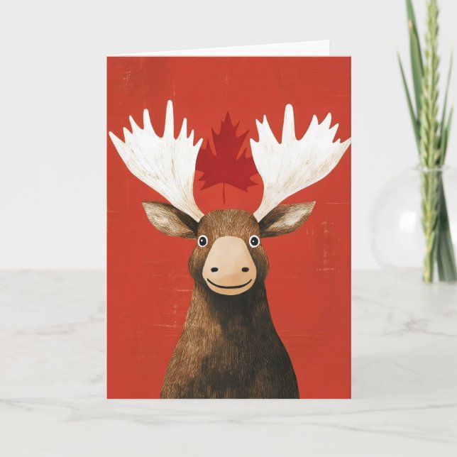 Funny Moose Red Leaf Holiday Card (Front)
