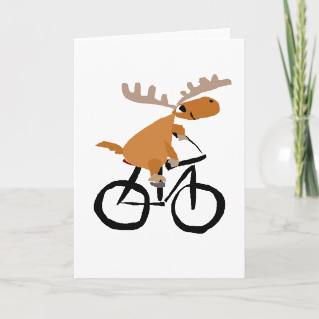 Funny Moose Riding Bicycle original art Holiday Card (Front)