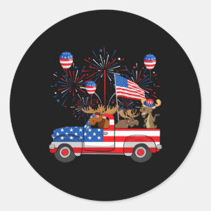 Funny Moose Riding Red Truck Usa Flag Patriotic 4t Classic Round Sticker