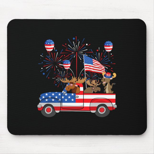 Funny Moose Riding Red Truck Usa Flag Patriotic 4t Mouse Pad (Front)