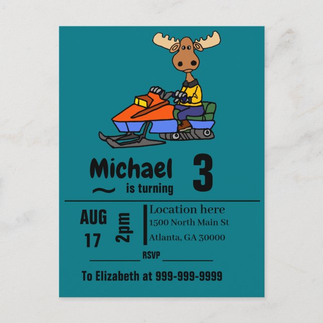 Funny Moose Snowmobiling Invitation Postcard (Front)