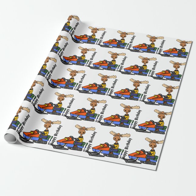 Funny Moose Snowmobiling Wrapping Paper (Unrolled)