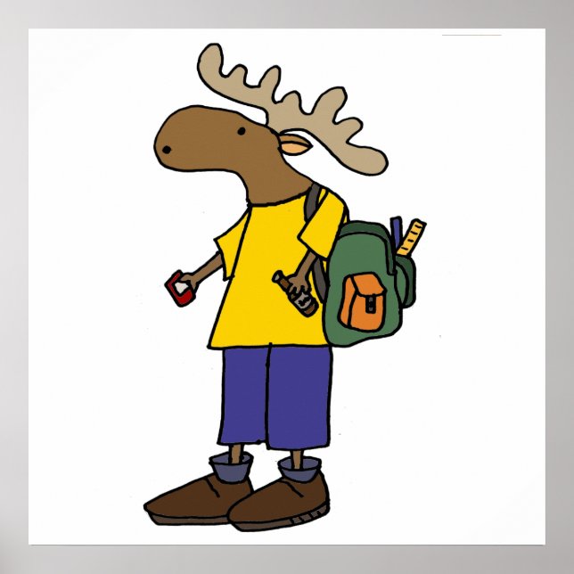 Funny Moose with Backpack Back to School Cartoon Poster (Front)