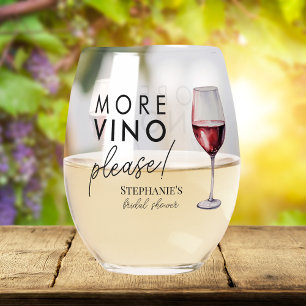 Funny More Vino Please Wine Themed Bridal Shower Stemless Wine Glass