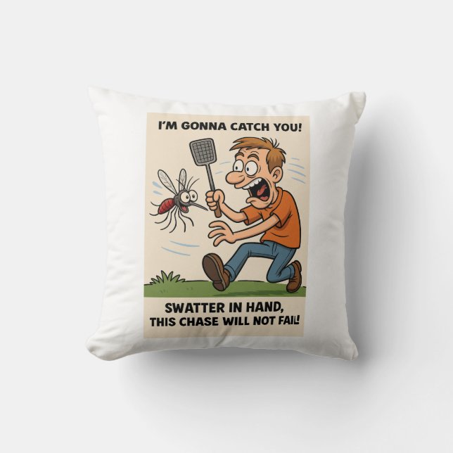 Funny Mosquito Cartoon Bug Chase with Swatter Cushion (Front)