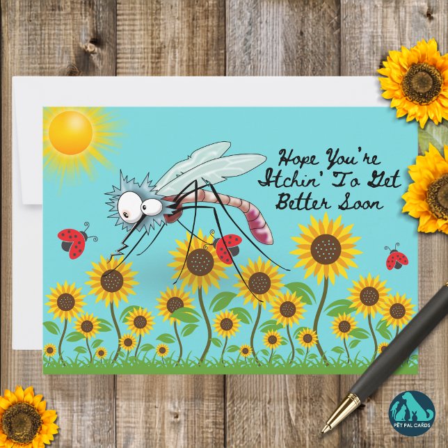 Funny Mosquito Get Better Soon Flat Card (A mosquito delivering smiles instead of itchy bites. 🦟💛 Get well soon!)