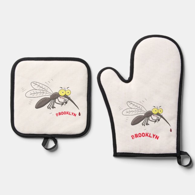 Funny mosquito insect cartoon illustration oven mitt & pot holder set (Front)