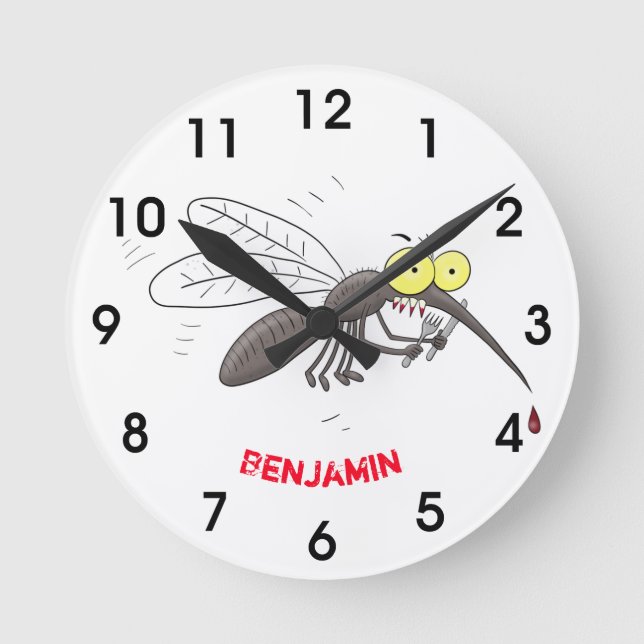 Funny mosquito insect cartoon illustration round clock (Front)