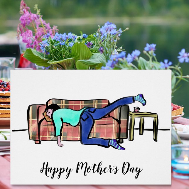 Funny Mothers Day Mum Asleep  (Funny happy Mother’s Day holiday greetings card with mom asleep on the sofa illustration )