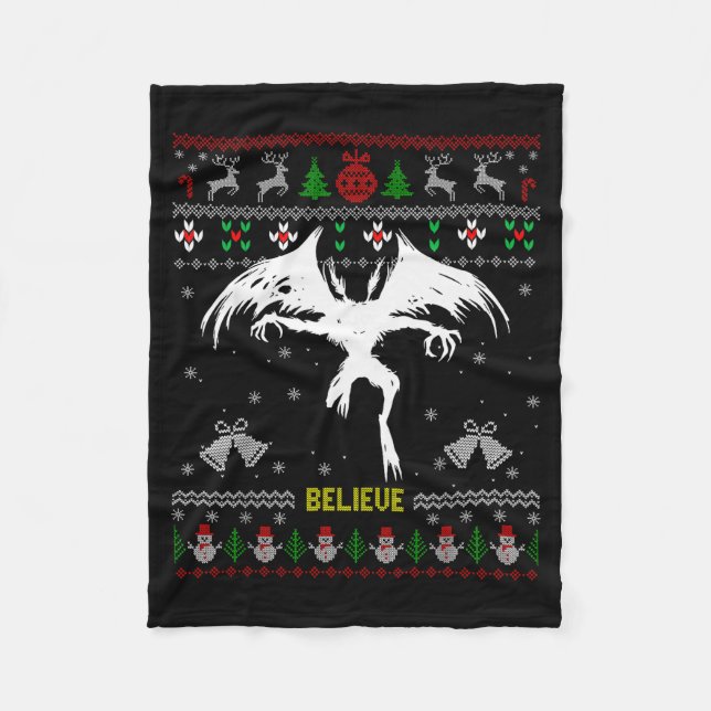 Funny Mothman Ugly Christmas Sweater Believe Crypt Fleece Blanket (Front)