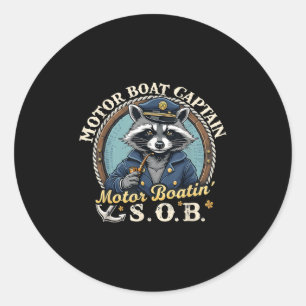 Funny Motor Boat Captain Nautical Racoon Meme Gra Classic Round Sticker