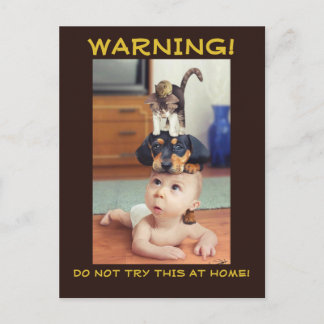 FUNNY: Mouse and Cat and Dog stacked up on Baby - Announcement Postcard