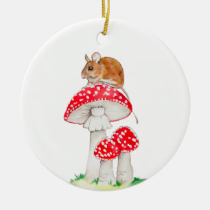 Funny mouse on a fly agaric, watercolor ceramic ornament