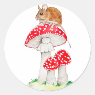 Funny mouse on a fly agaric, watercolor classic round sticker