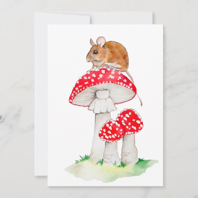 Funny mouse on a fly agaric, watercolor invitation (Front)