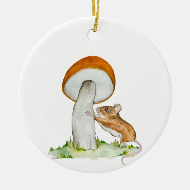 Funny mouse with wild mushroom ceramic ornament (Front)