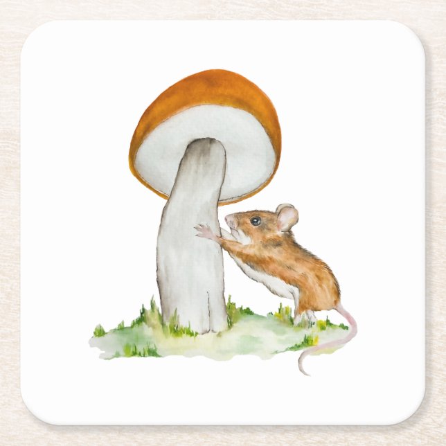 Funny mouse with wild mushroom square paper coaster (Front)