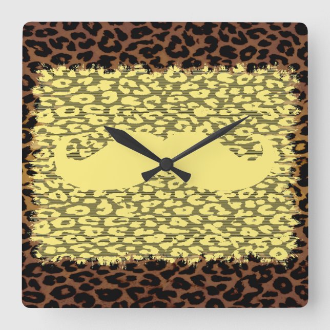 Funny Moustache and leopard print Square Wall Clock (Front)