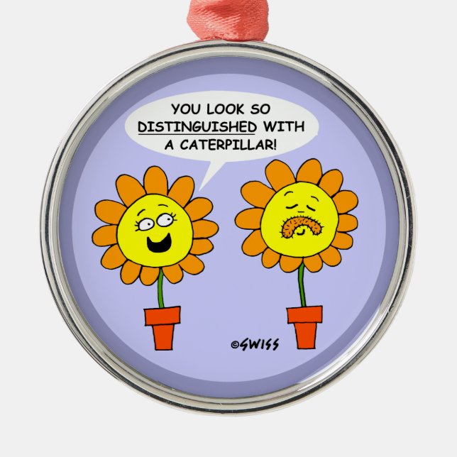 Funny Moustache Caterpillar and Flowers Cartoon Metal Ornament (Front)