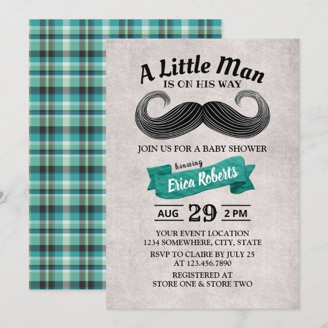 Funny Moustache Cute Little Man Teal Baby Shower Invitation (Front/Back)