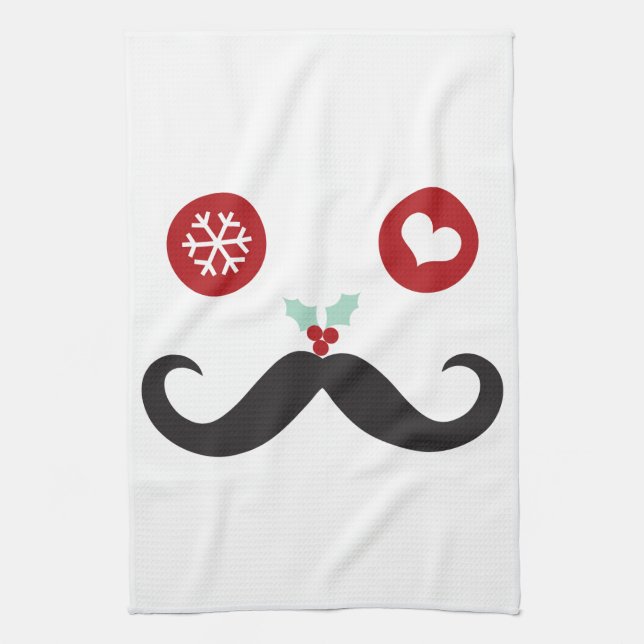 Funny Moustache Face Snowflake Christmas Holiday Tea Towel (Vertical)