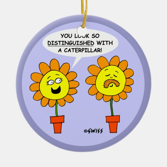 Funny Moustache Flower Cartoon Christmas Ceramic Ornament (Front)