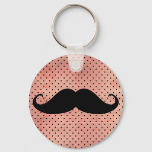 Funny Moustache On Cute Pink Polka Dot Background Key Ring
