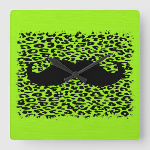 Funny Moustache on lime green background Square Wall Clock