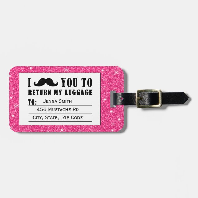 Funny Moustache Pink Glitter Luggage Tag (Front Horizontal)