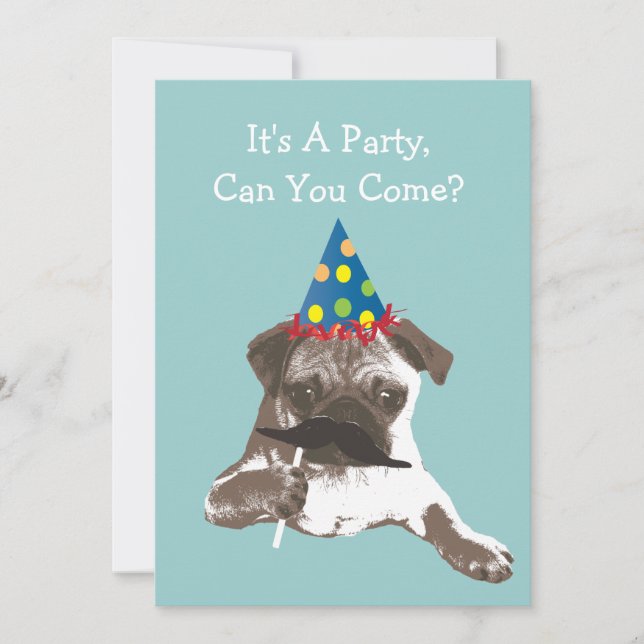 Funny Moustache Pug Birthday Party Invitation (Front)