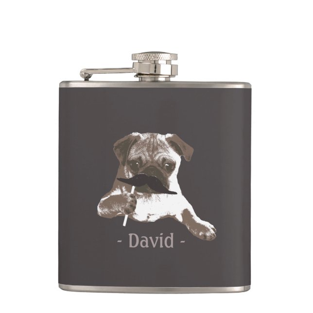 Funny Moustache Pug Dark Tan Flask (Front)