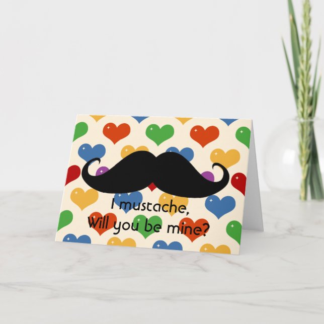 Funny moustache Valentine's Day hipster hearts car Holiday Card (Front)