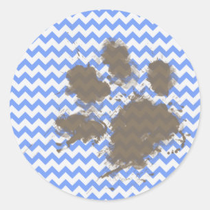 Funny Muddy Paw Print on Blue Chevron Classic Round Sticker