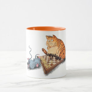 Funny Mug with Cat and Mouse Playing Chess