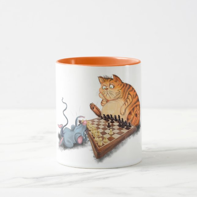 Funny Mug with Cat and Mouse Playing Chess (Center)