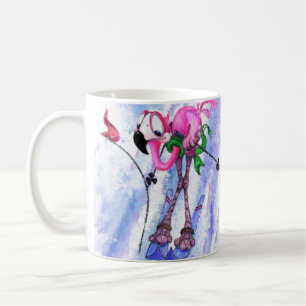 Funny Mug with Pink Flamingo Skier