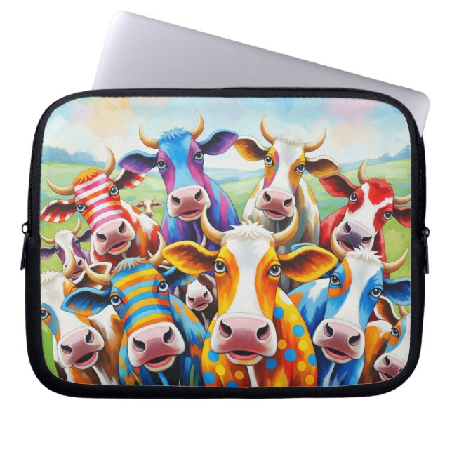 Funny multicolored cow painting laptop sleeve (Front)
