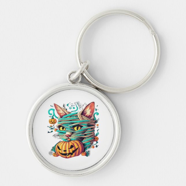 Funny Mummy Cat Halloween Key Ring (Front)