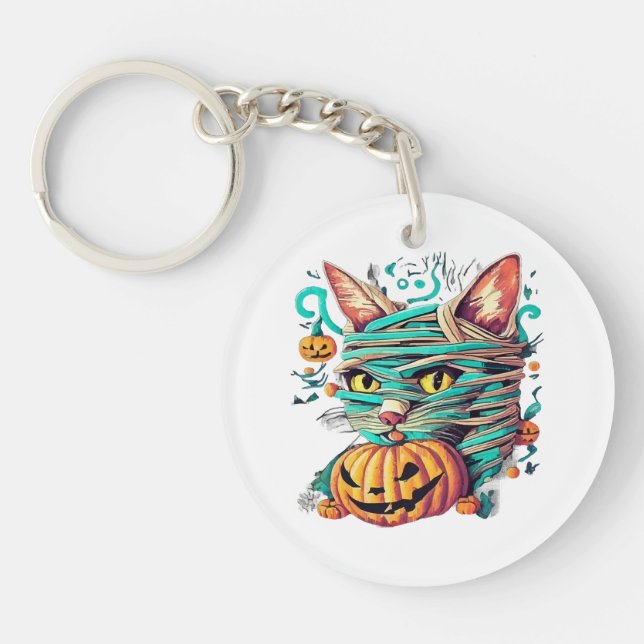 Funny Mummy Cat Halloween Key Ring (Front)