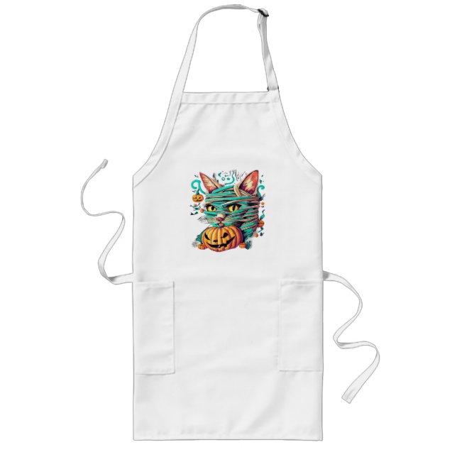 Funny Mummy Cat Halloween Long Apron (Front)
