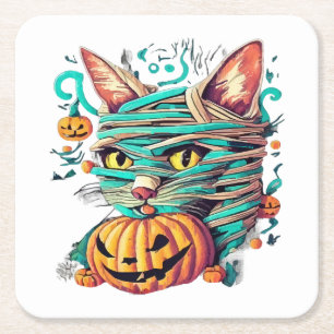 Funny Mummy Cat Halloween Square Paper Coaster