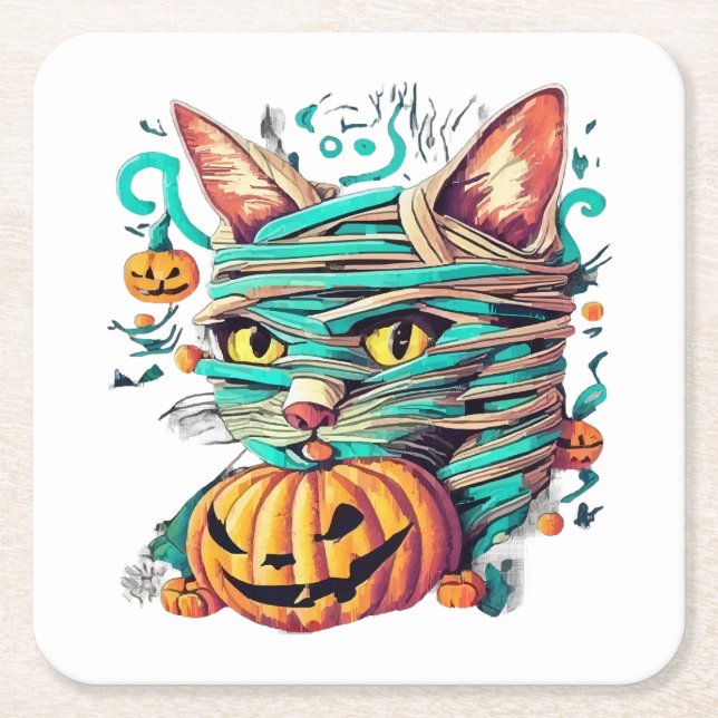Funny Mummy Cat Halloween Square Paper Coaster (Front)