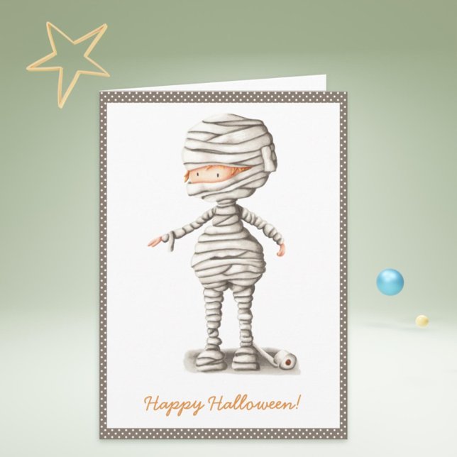 Funny Mummy Toilet Paper Son Halloween Holiday Card (Children Halloween Card with a kid in a mummy costume made with toilet paper)